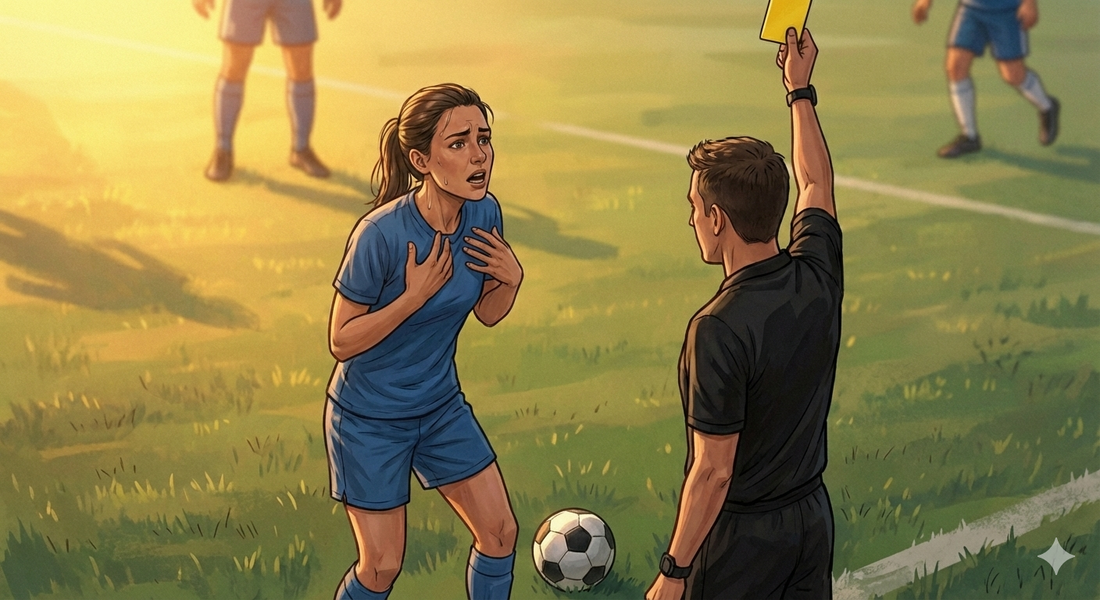 Female soccer player reacts when she receives a yellow card from the referee