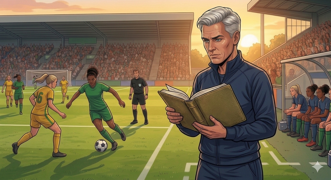 Soccer coach looks at journal in foreground while two soccer teams compete in background.