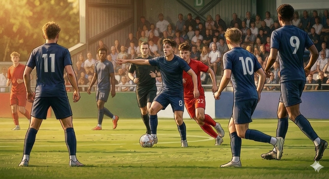 Player with ball directs teammates to move on field as a defender comes to pressure behind him.