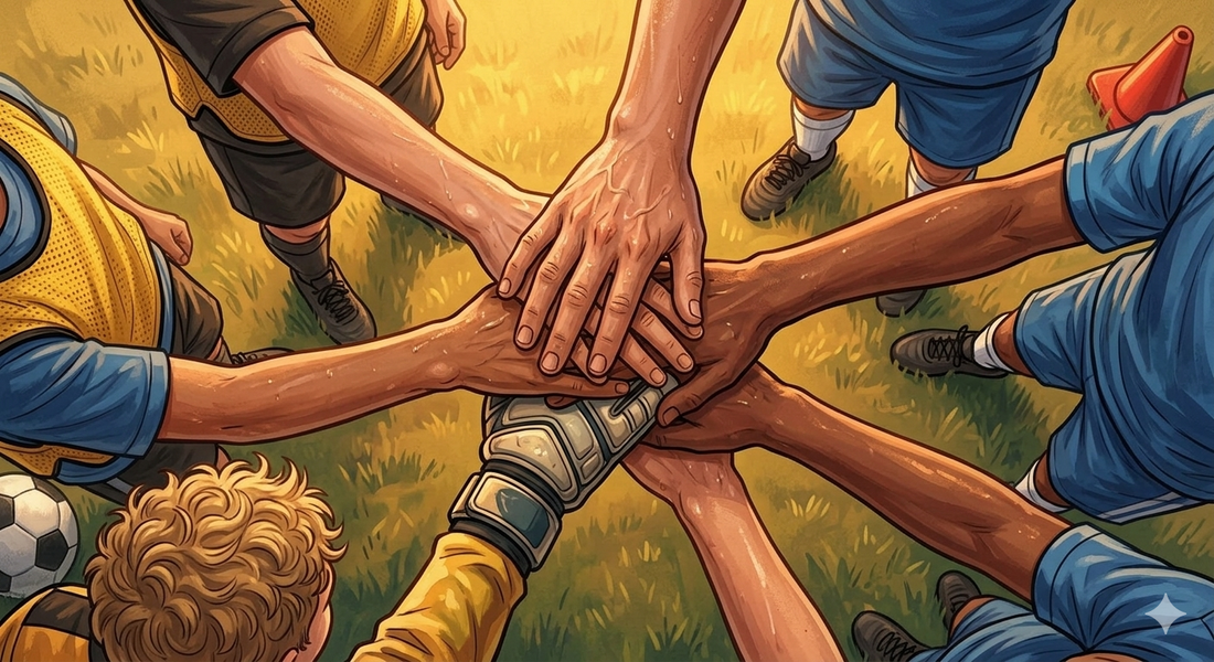 Overhead image of soccer players putting their hands together in a huddle before a team cheer