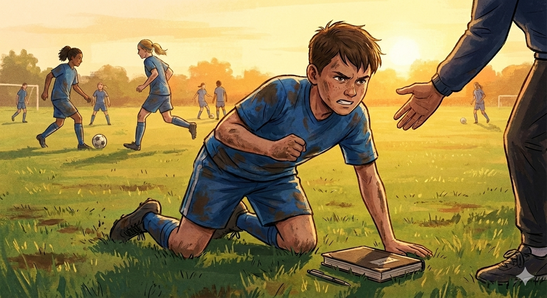Frustrated male youth soccer player is helped up by coach or referee after writing in soccer journal