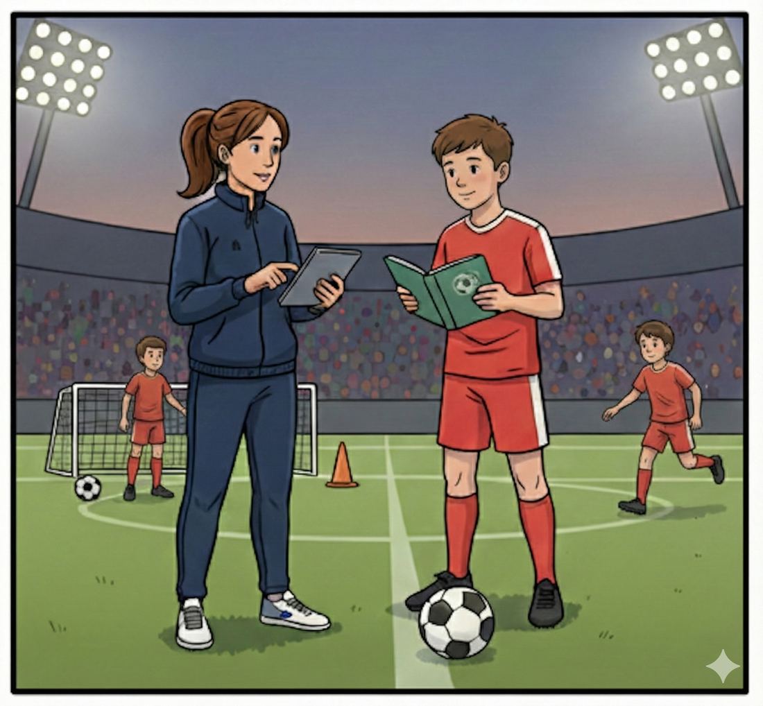 Female coach talks male youth player through reflective journaling while youth player holds his own journal