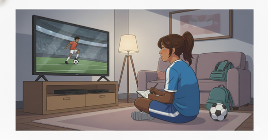 girl watching a player on tv with a zone 14 soccer journal