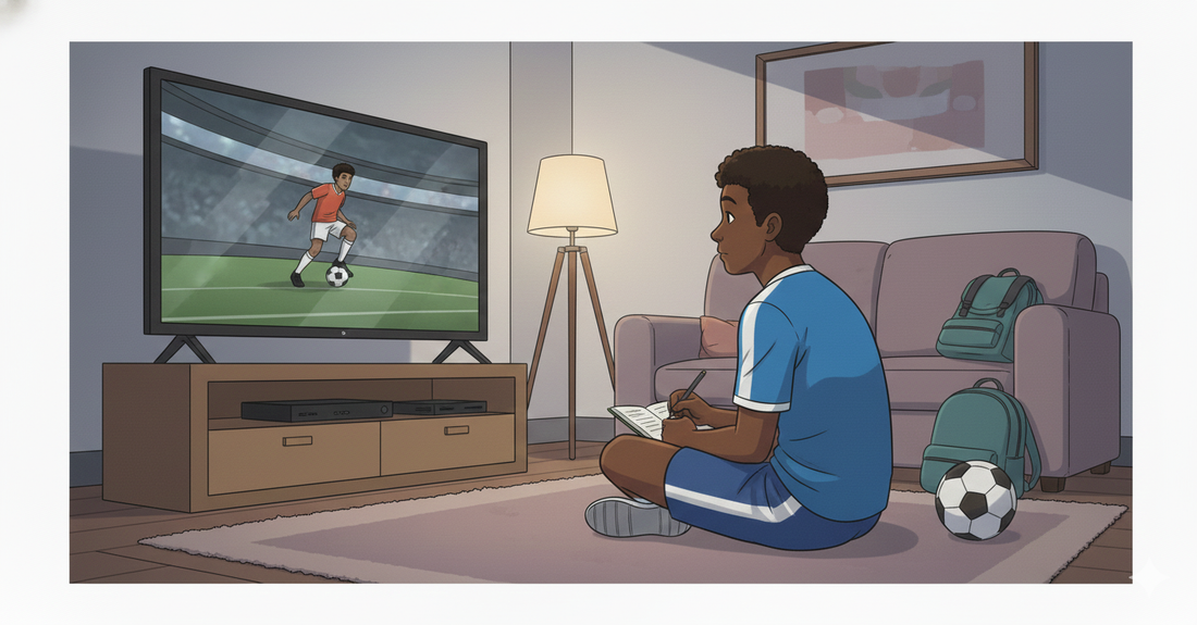 player watching tv with a zone 14 soccer player's journal