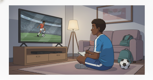 player watching tv with a zone 14 soccer player's journal