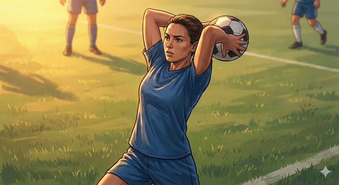 Female soccer player throws the ball in from the sideline.