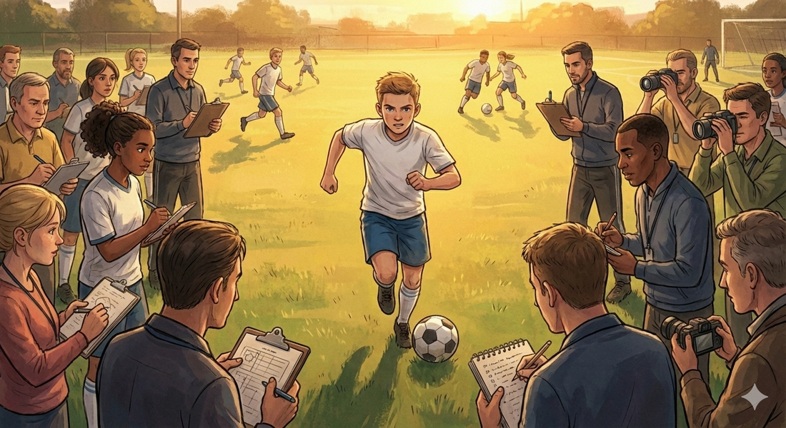 Youth player runs with ball while surrounded by coaches and others taking notes and pictures of him