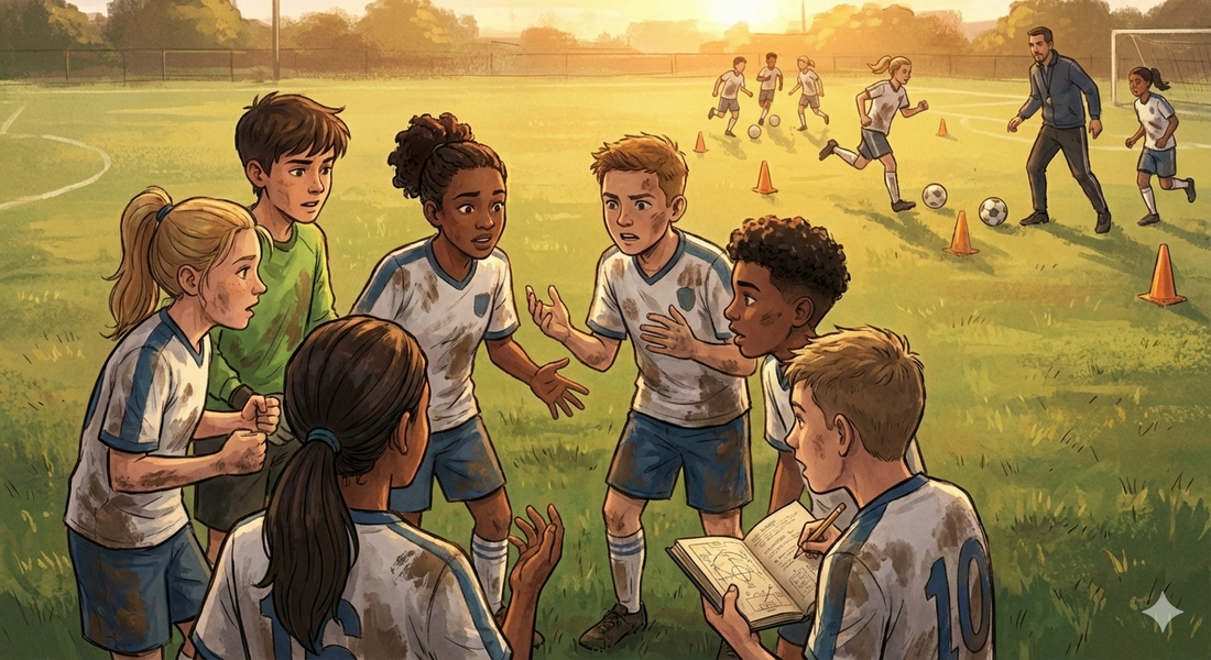 Group of youth players gather to discuss a play while another player takes notes with Zone 14 journal