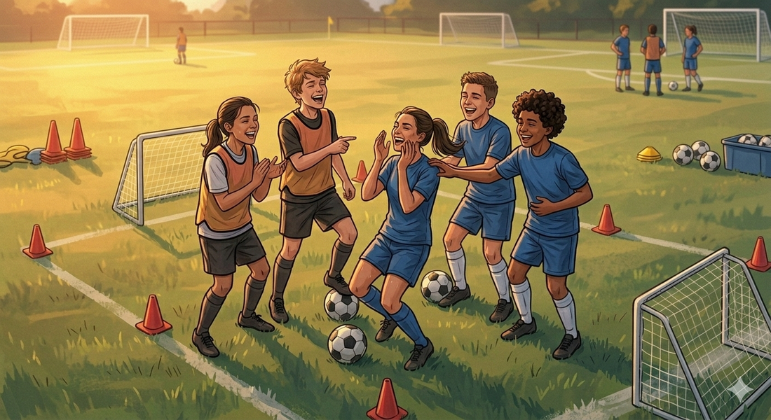 Five soccer players play a small-sided scrimmage