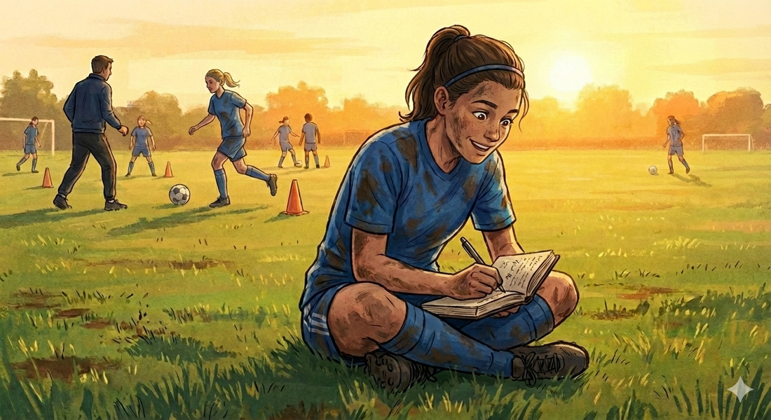 Female youth soccer player writes in journal during a practice