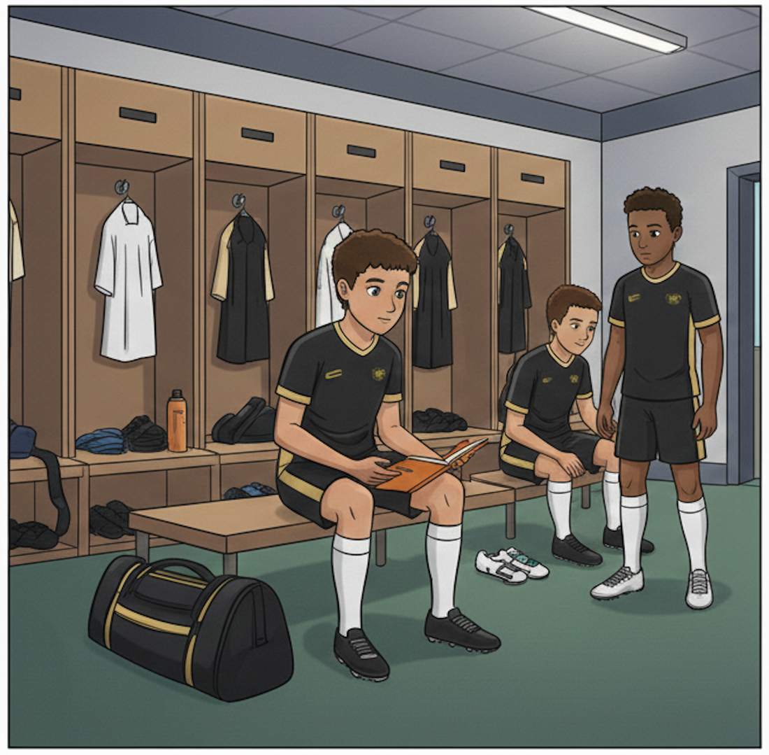 soccer players using one 14 coaching journals before a match